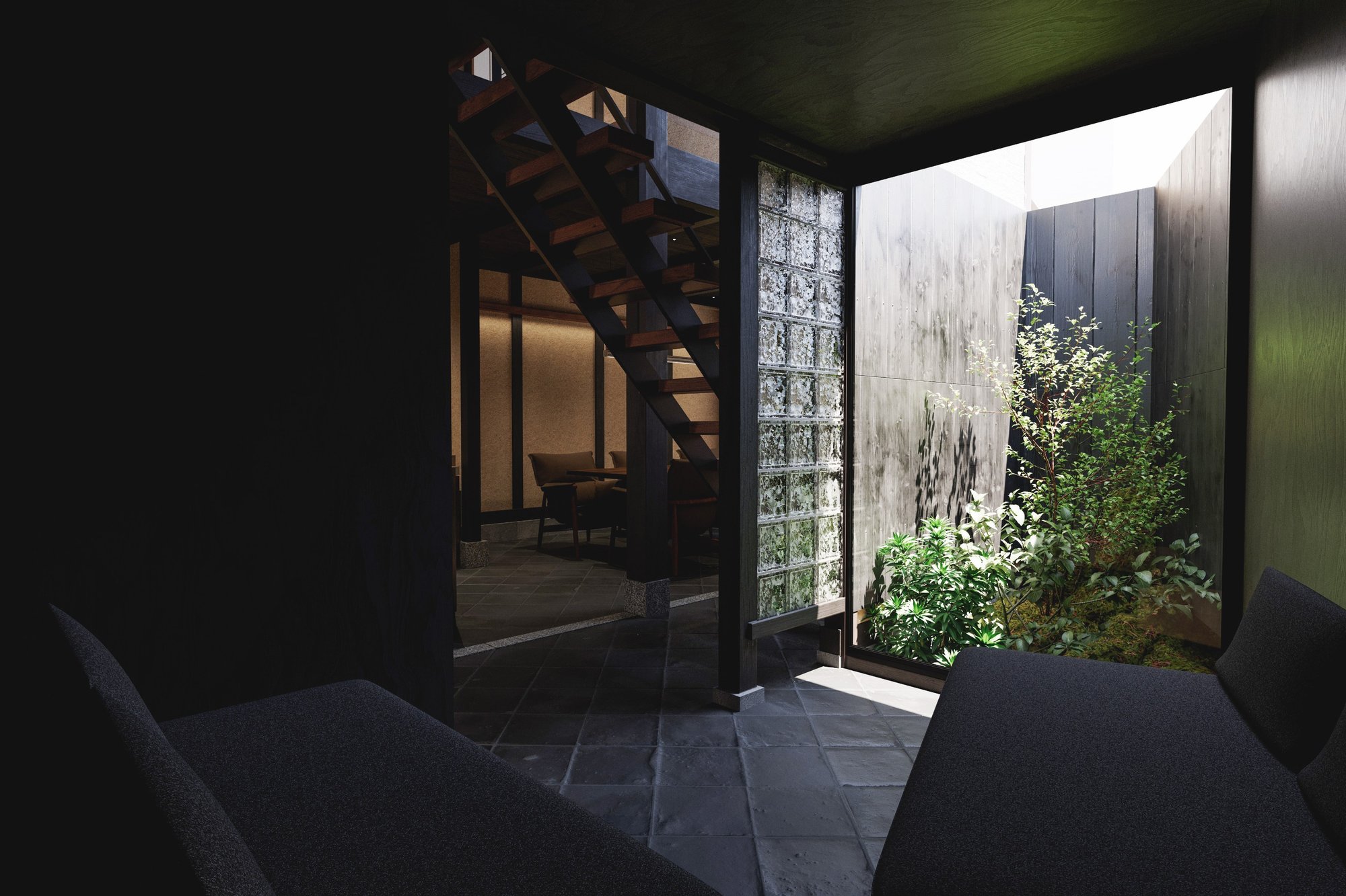 A small garden draws light into the centre of the plan.