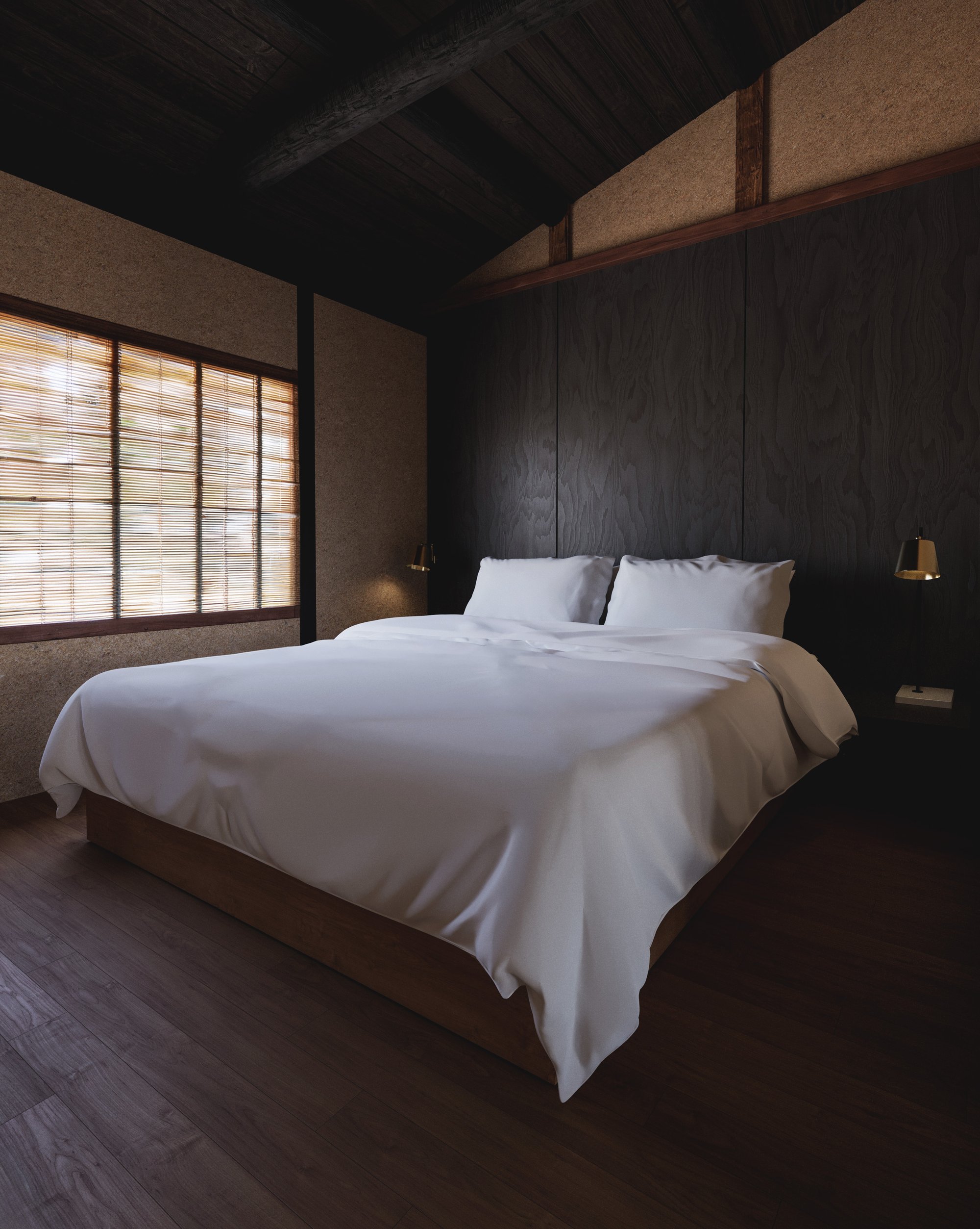 A quiet bedroom shaped by timber and filtered light.