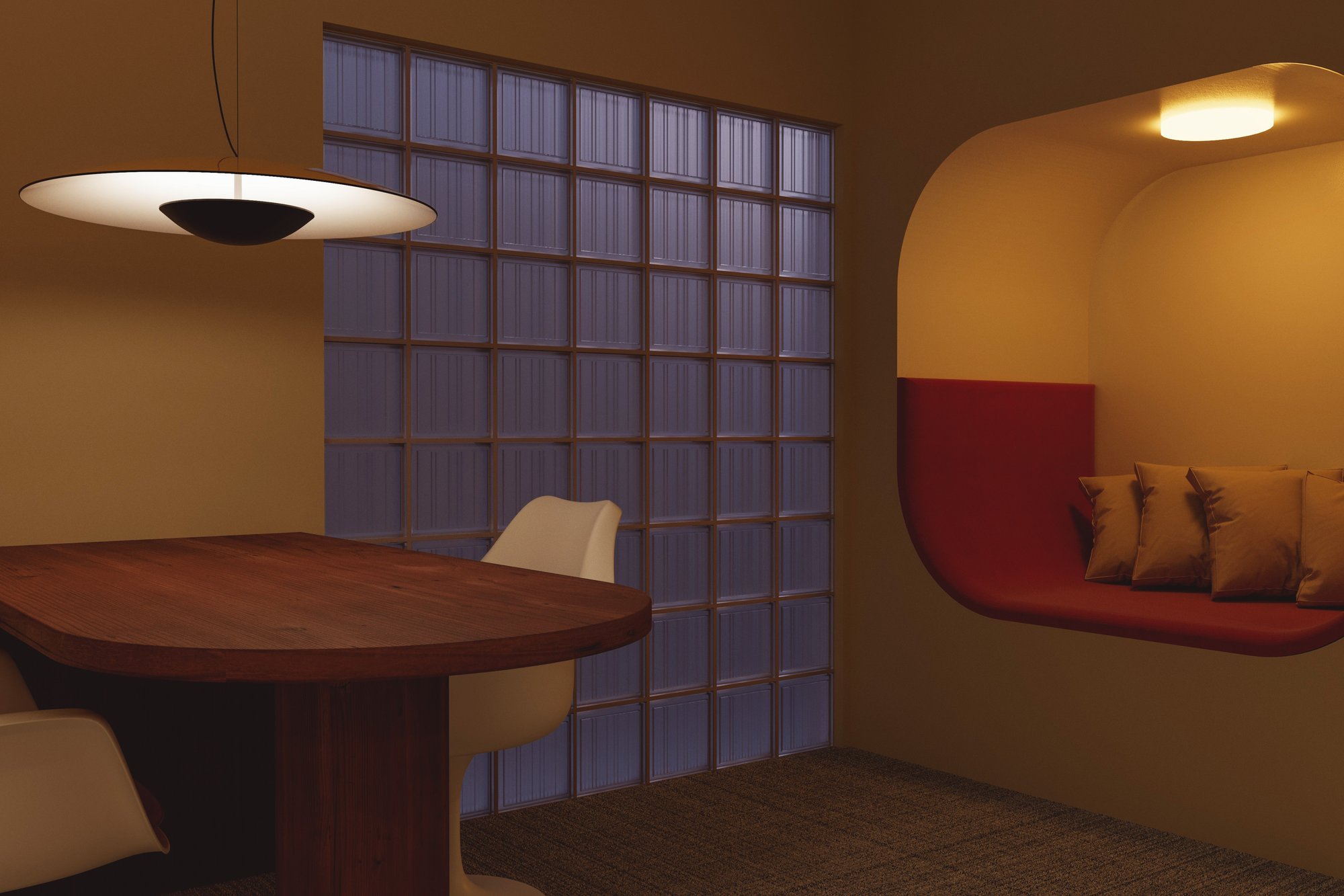 The red alcove glows against the evening light.
