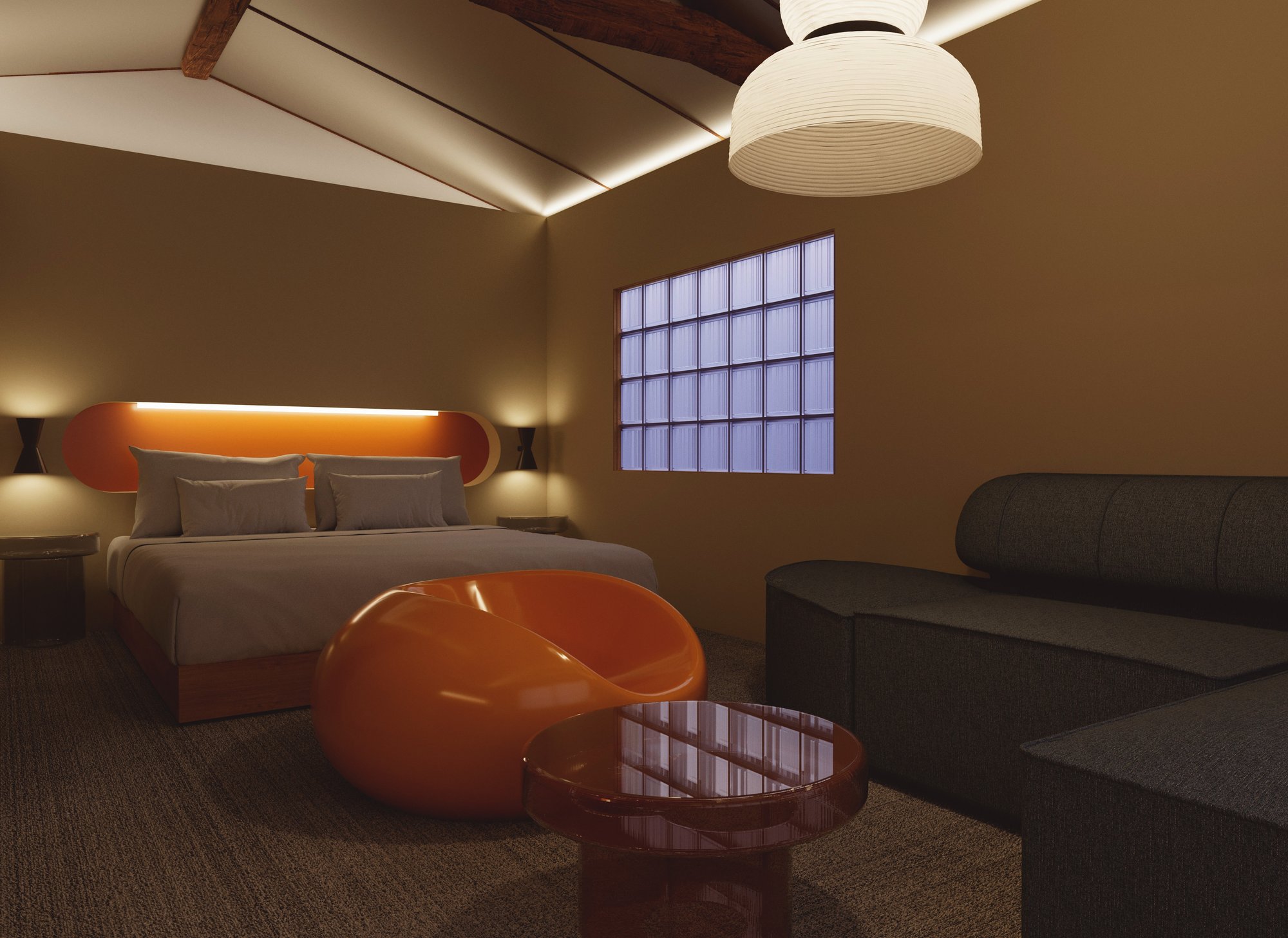 Warm lighting brings out the rich colours of the room.