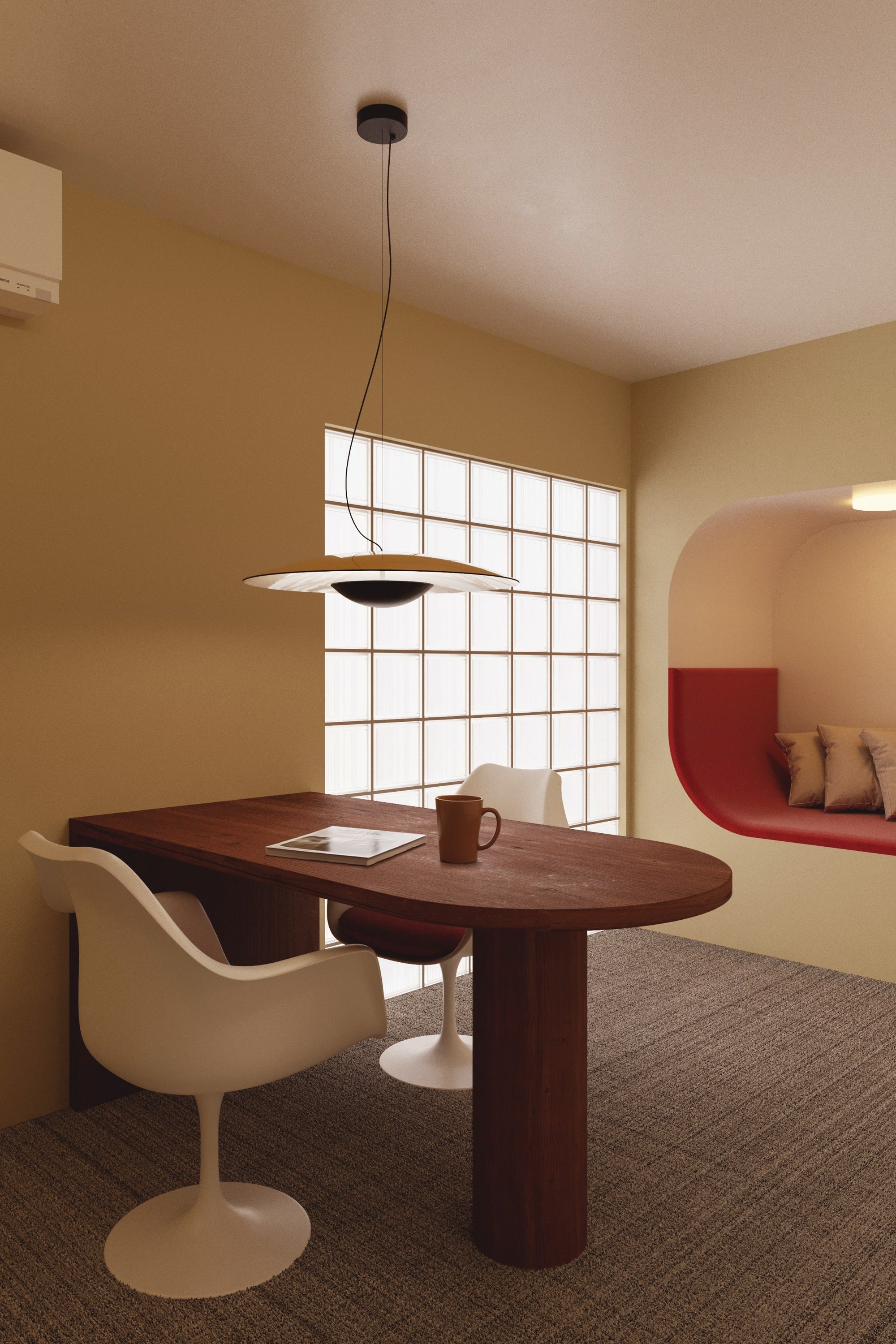Sculptural forms, warm timber and softly filtered light.